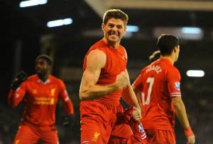 Steven Gerrard ecstatic after his last minute penalty at Fulham 